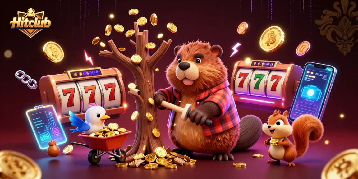 Spin the reels at Hitclub with lively characters collecting coins amidst vibrant casino imagery.