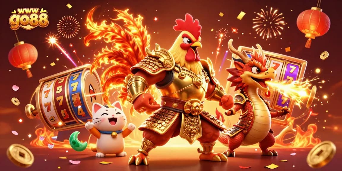 Experience thrilling gameplay at wwwgo88 with dynamic slot reels, celebrating characters, and festive elements.