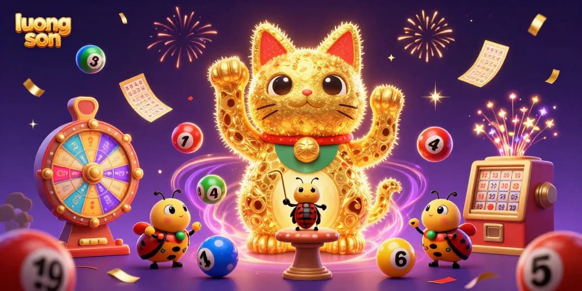 Experience the thrill of luong son with golden fireflies forming a lucky cat in a dynamic casino scene.