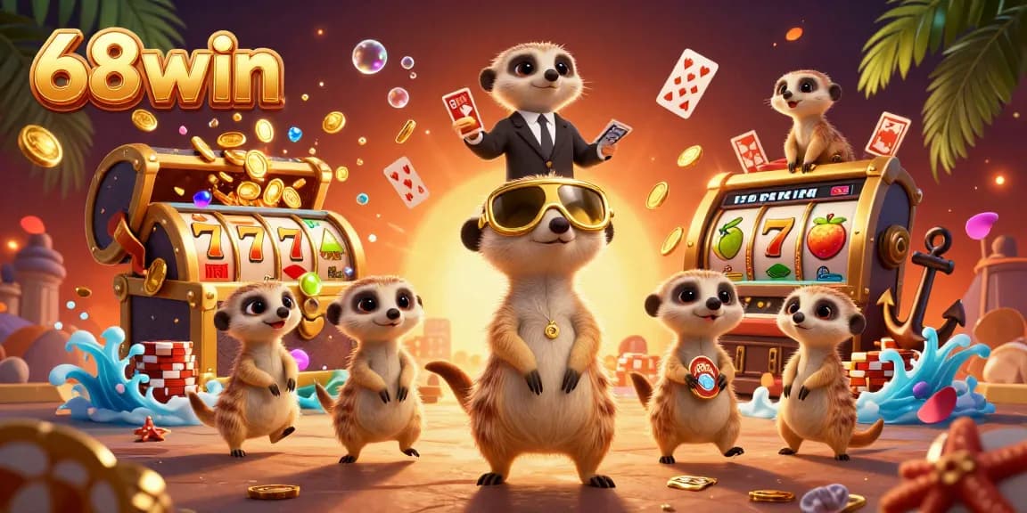 Experience the thrilling casino world with 68win's vibrant meerkat characters managing a lively gaming operation.