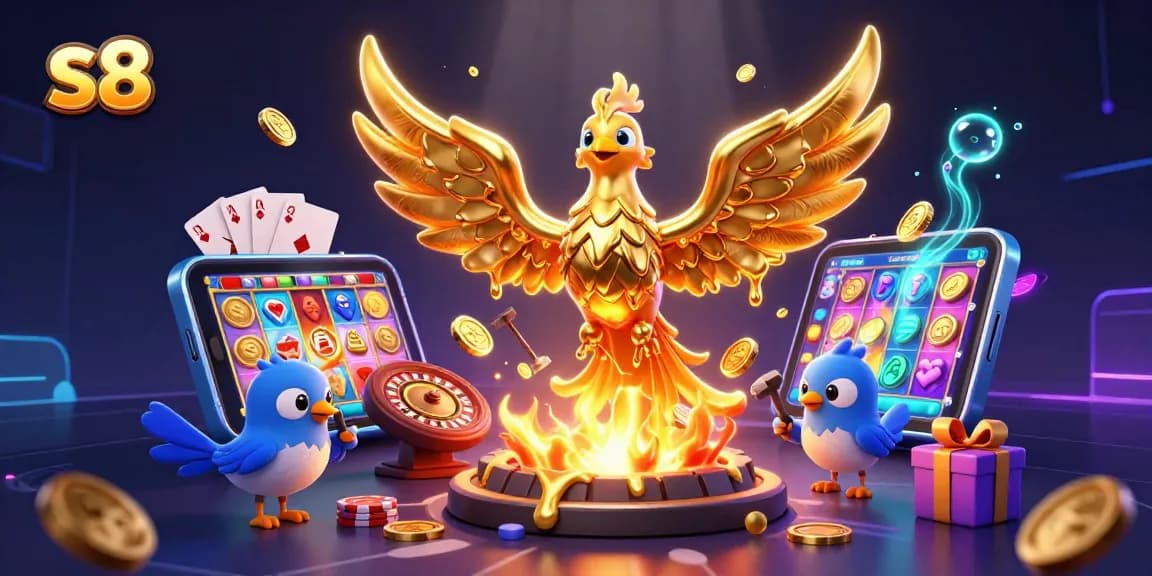 Spin the reels and win big with s8, featuring golden phoenix and vibrant casino elements!