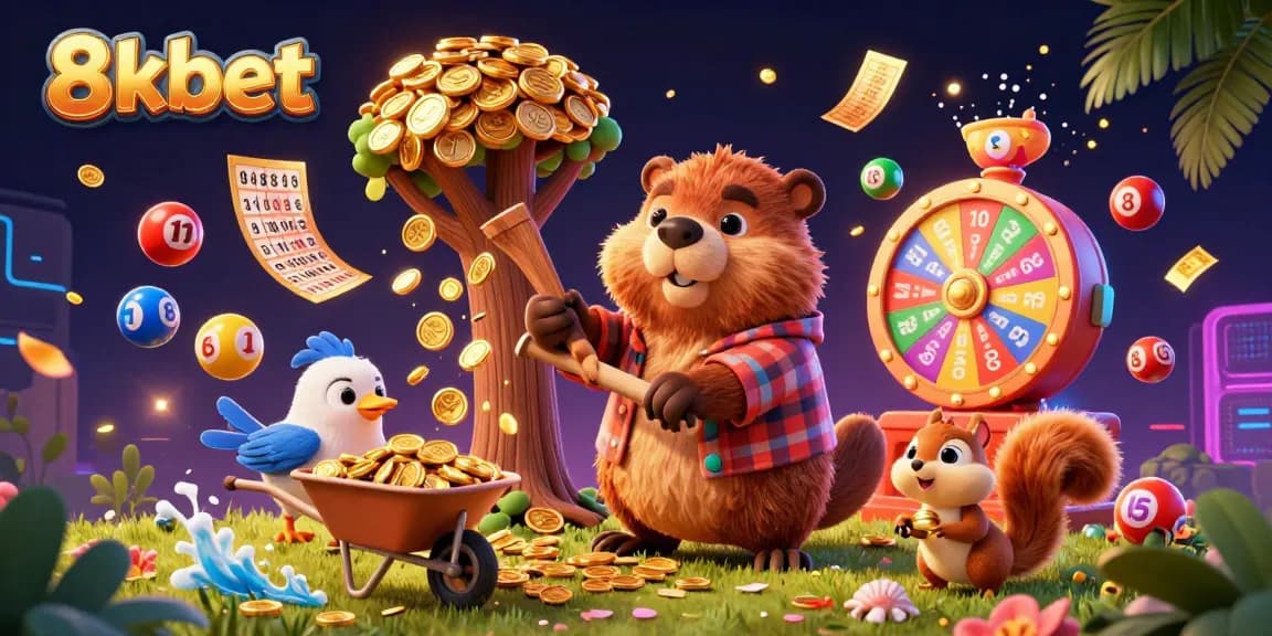 8xbet invites players to win big with delightful cartoon characters gathering golden coins and lottery prizes.