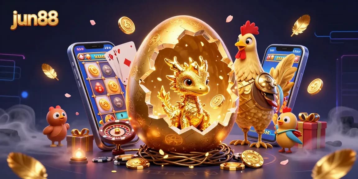 Experience the exciting world of jun88 with a golden dragon amidst vibrant casino elements and dynamic gaming action.