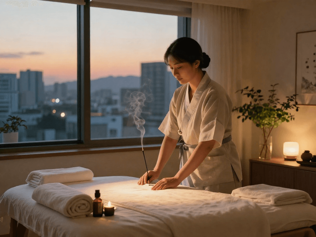 An inviting 인천출장마사지 setup with a serene therapist preparing aromatic oils and towels in a city apartment.