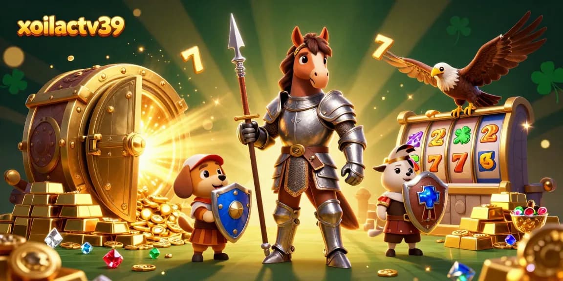 Experience the thrill of xoilactv39 with an epic casino scene featuring vibrant slot reels and sparkling gold elements.