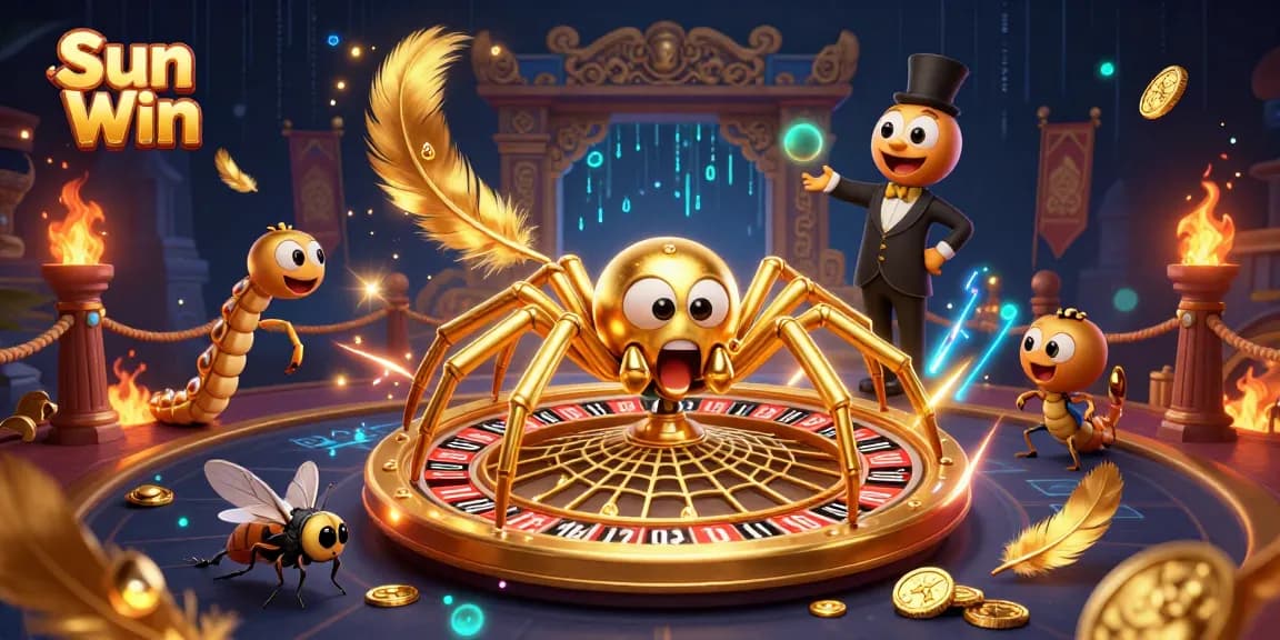 Engage with Sun Win's thrilling roulette experience featuring a golden spider and interactive characters.