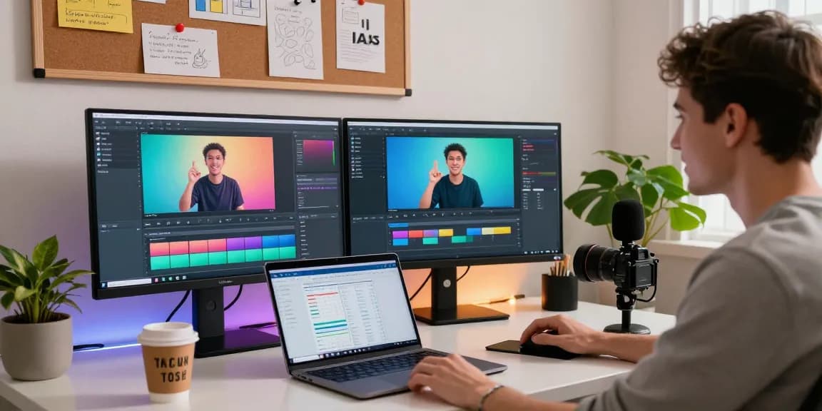 Creative workspace showcasing an AI video generator in action with visuals, dual monitors, and vibrant lighting.