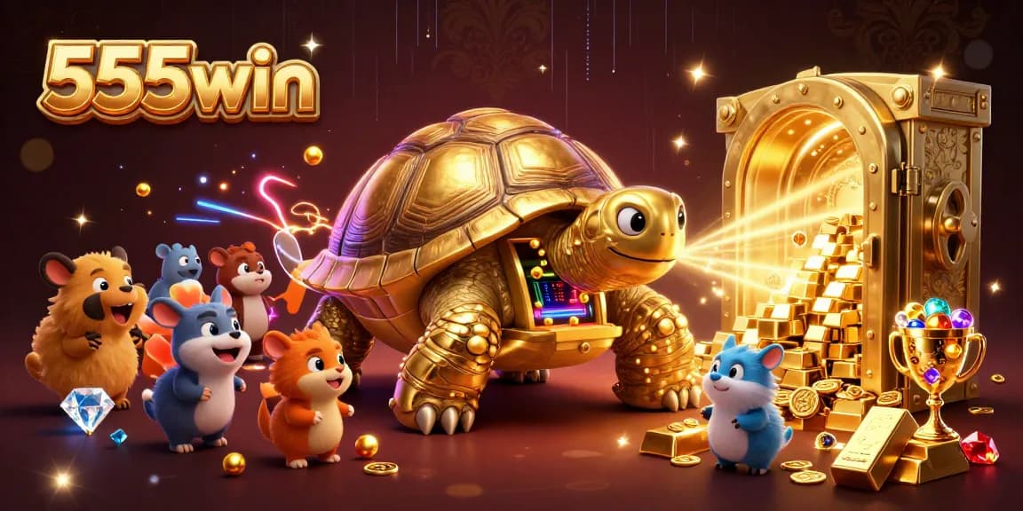 Experience excitement with the colossal golden tortoise in a vibrant 555win casino scene.