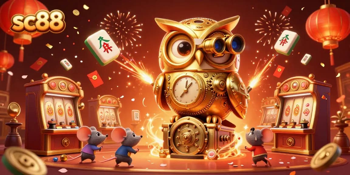 sc88 showcases a festive casino scene highlighting a golden owl and charming mice with gaming excitement.