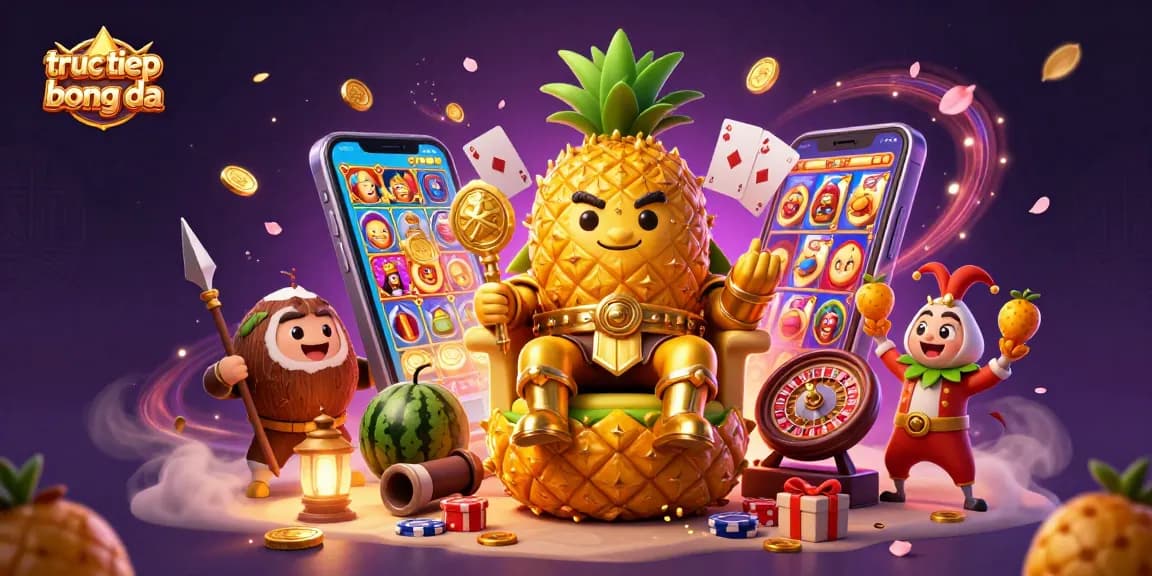Experience truc tiep bong da on a vibrant beach casino with a golden pineapple king and dynamic gaming elements.