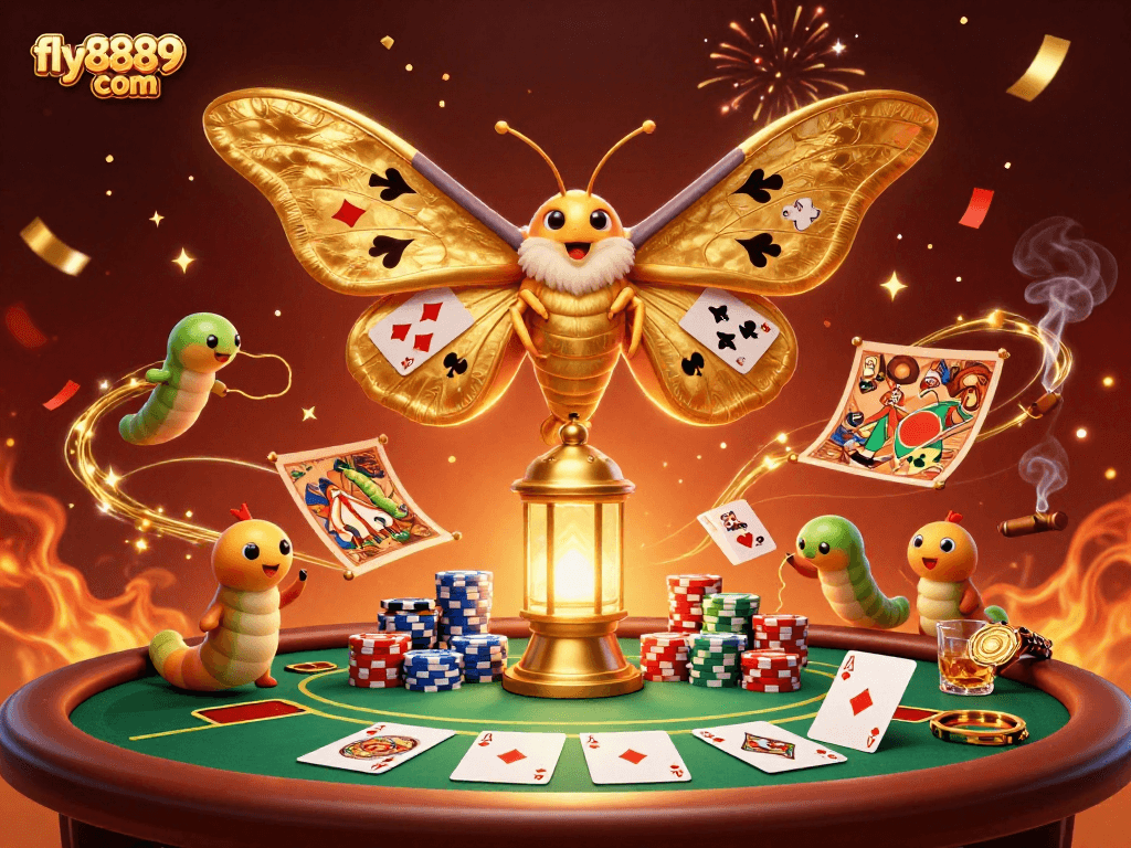 Experience the thrill of gaming at fly8889 com with vibrant casino scenes surrounding a majestic moth.