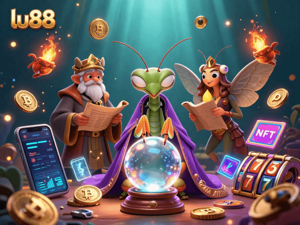 Engage with lu88's thrilling casino experience through this vibrant 3D illustration of a fortune teller and moth librarian.