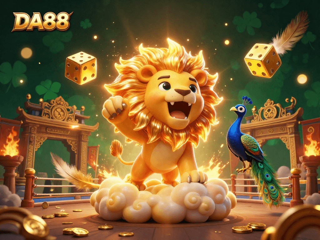 Experience thrilling gaming at DA88 with golden dice and a majestic lion in an exciting casino scene.