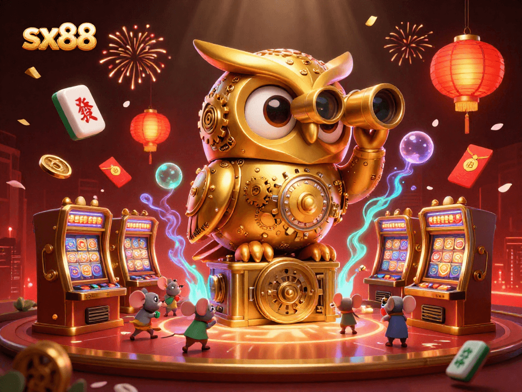 SX88 players enjoy a vibrant casino scene featuring a golden owl and dynamic game elements.