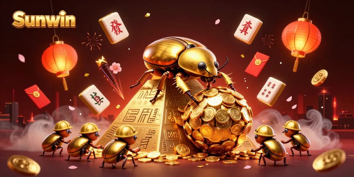 Engage with Sunwin's exciting gaming adventure as a golden dung beetle rolls coins, surrounded by colorful casino symbols.
