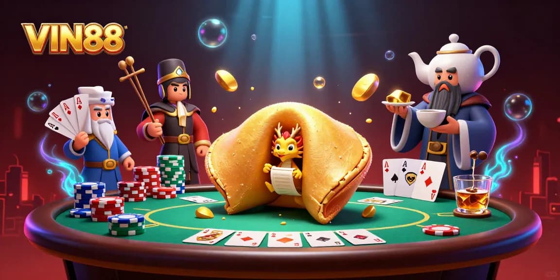 Engage in exciting moments with VIN88 at the vibrant online casino scene filled with poker action and fantasy characters.