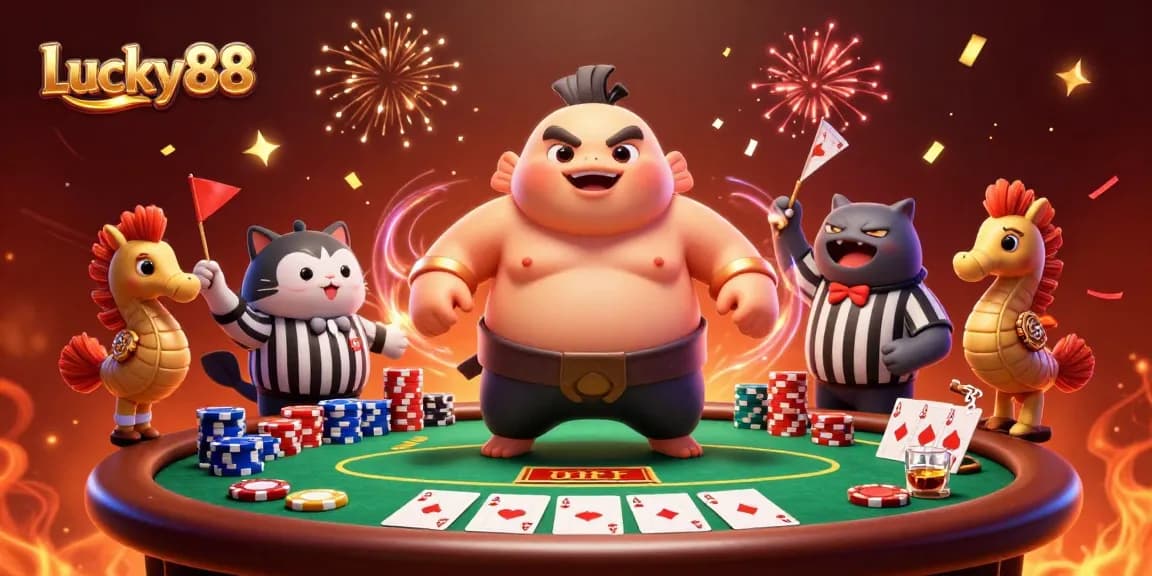 Experience thrilling gameplay at Lucky88 with vibrant characters and dynamic poker elements in an engaging scene.