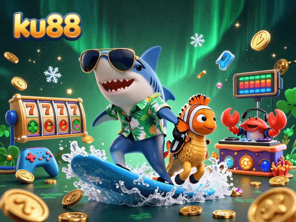 Celebrate wins at ku88 with our exciting casino-themed illustration featuring vibrant games and characters.