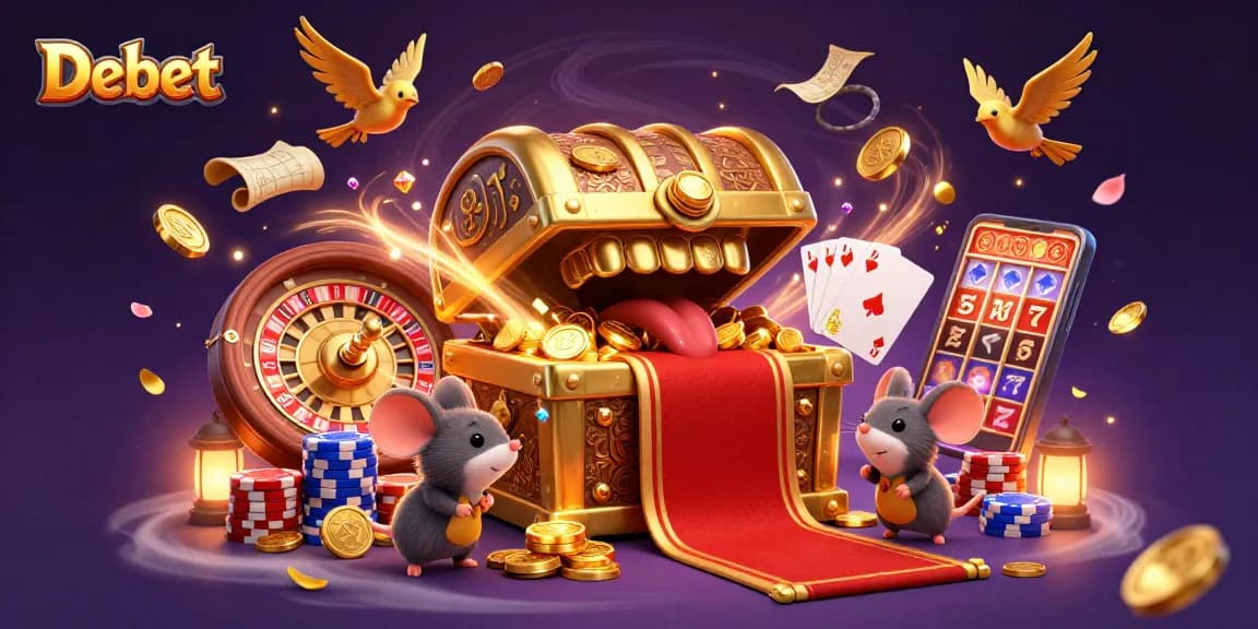 Engage with Debet's captivating online casino world featuring treasures and vibrant gaming elements.