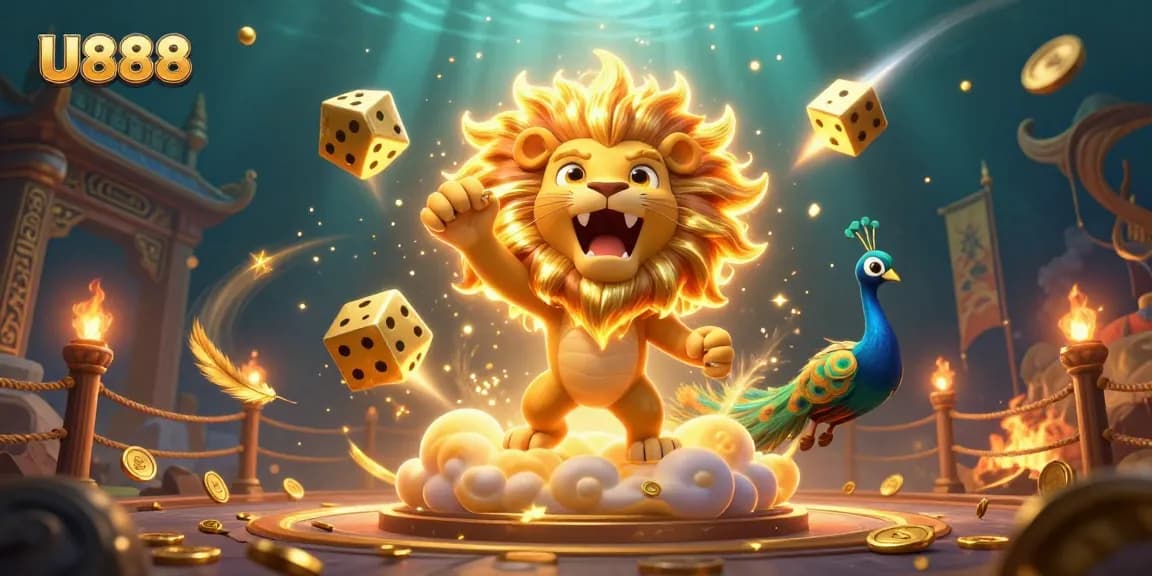 Win big at U888 with dynamic casino themes featuring golden dice and roaring lion.