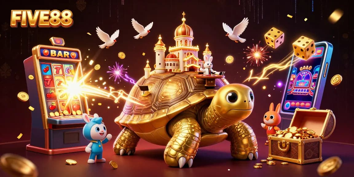 Experience the excitement at FIVE88 with stunning visuals of a golden tortoise casino and thrilling game elements.