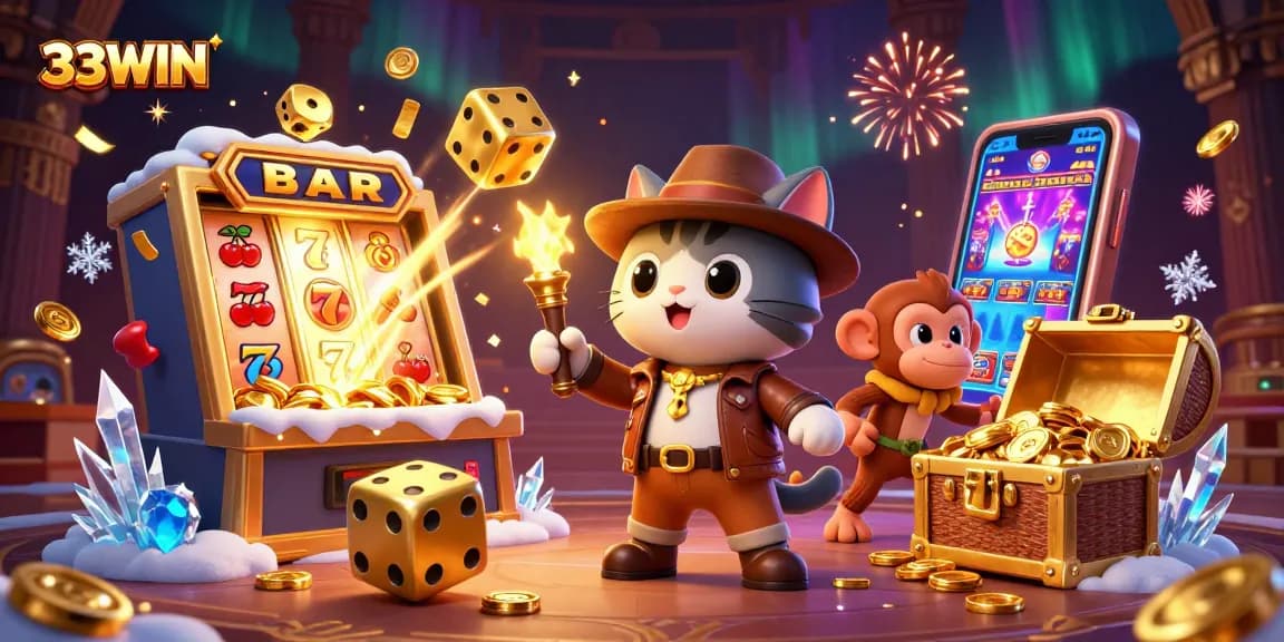 Experience thrills at 33WIN with a colorful illustration of a 3D cartoon cat archaeologist discovering casino treasures.