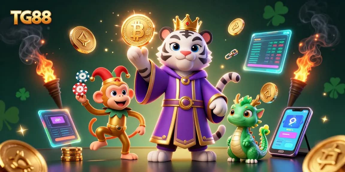 Engage with TG88’s vibrant gaming world, featuring a majestic tiger, playful monkey, and jade dragon among crypto coins and casino elements.