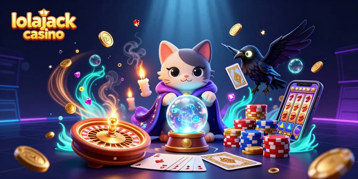 Experience the excitement of lolajack casino with a mystical scene featuring a fortune teller cat and glowing game elements.