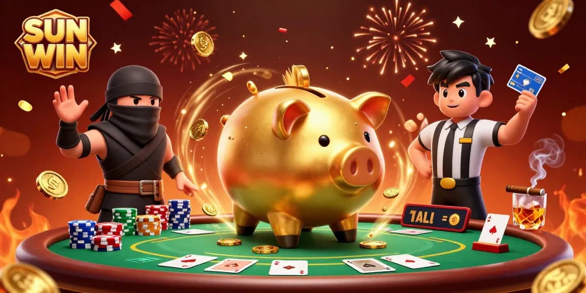Experience the thrills of SUN WIN in this vibrant 3D illustration featuring a dynamic sumo wrestler and poker elements.