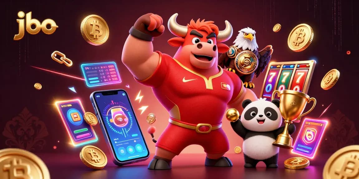 Engage with jbo's electrifying gaming experience featuring a bull mascot, eagle, and panda amidst slot reels.