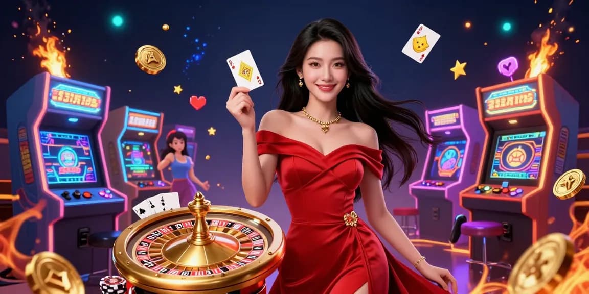 Experience thrilling gameplay with 23win as a beautiful Asian woman elegantly showcases a golden playing card by a roulette wheel.