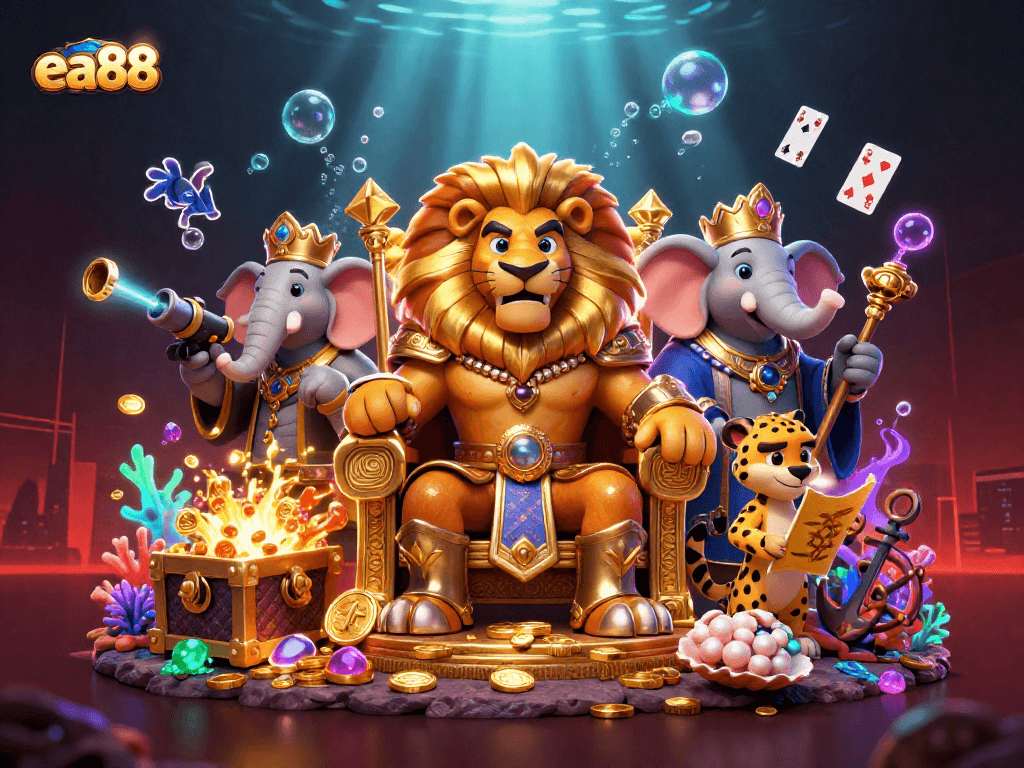 ea88 showcases a fierce lion king on a throne of gold coins amidst vibrant casino elements.