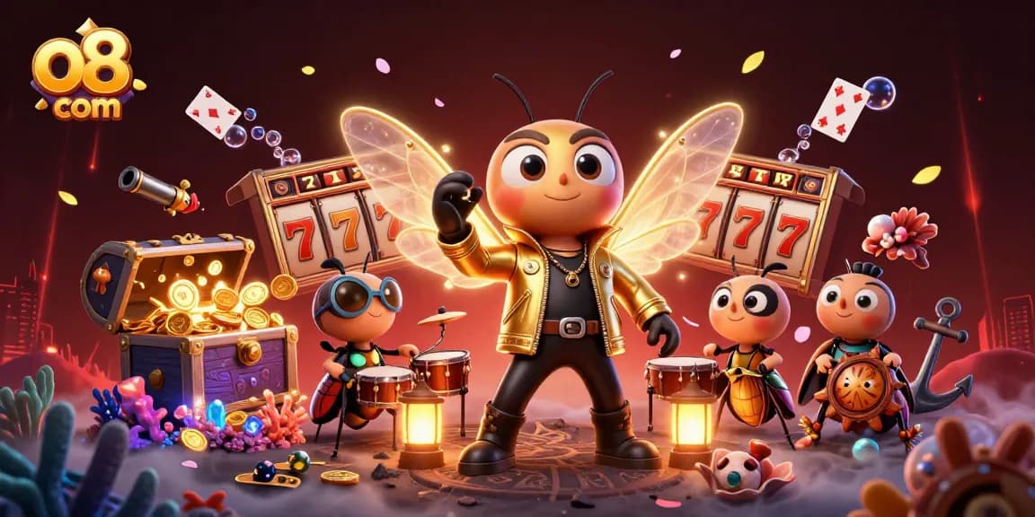 Engage in thrilling gaming adventures at o8 com, featuring dynamic slot reels and vibrant casino elements.
