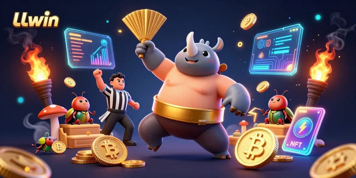 Experience LLwin's vibrant gaming world with a thrilling scene of a beetle champion and crypto coins.