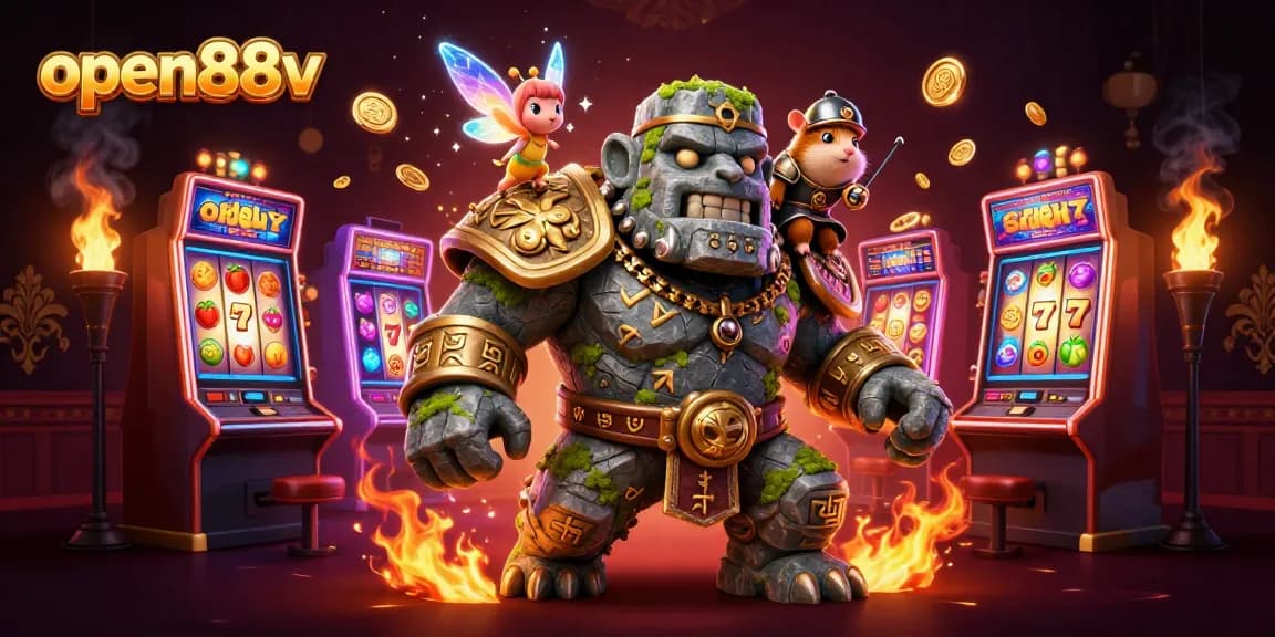 Spin and win with open88v as you immerse in a vibrant 3D casino experience featuring mystical guardians.