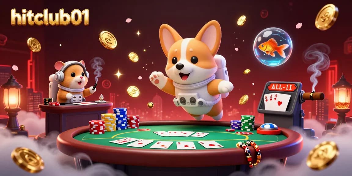Experience excitement at hitclub01 with a vibrant casino scene featuring floating characters and colorful gaming elements.