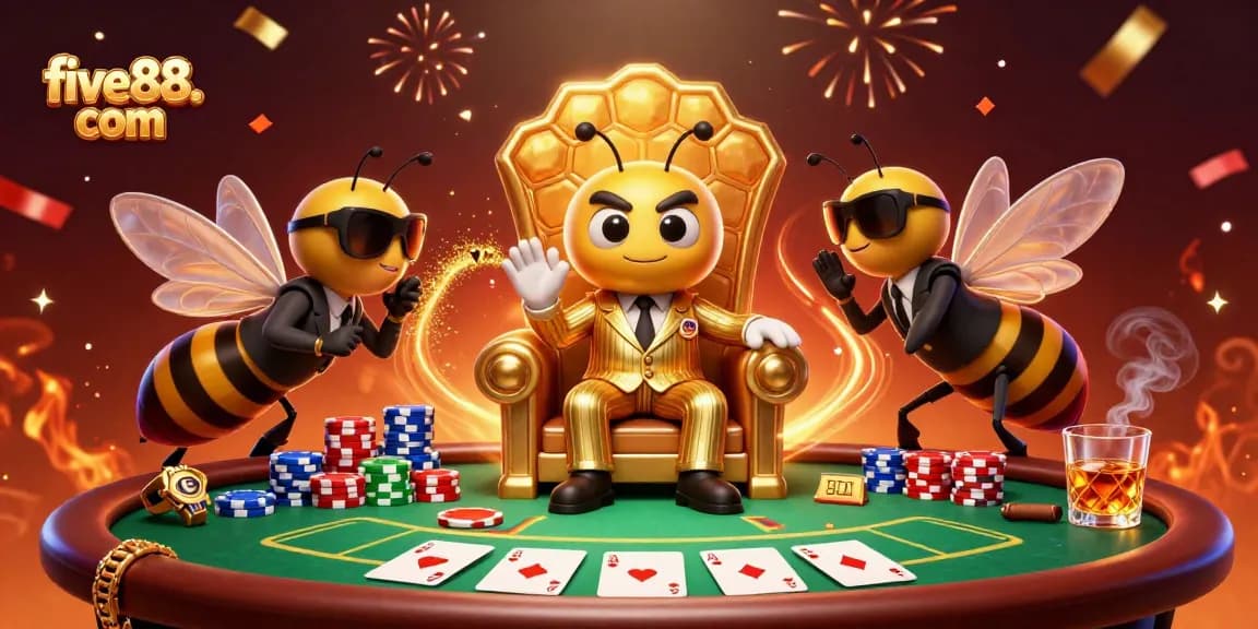 Engage in high-stakes poker at five88. com, surrounded by opulent characters and dynamic casino elements.