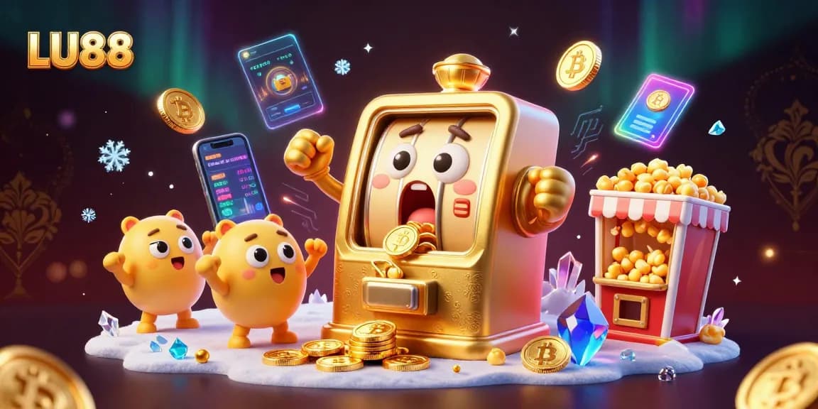 LU88 slot machine hits jackpot, celebrating with coins pouring while Ethereum and Bitcoin coins surround.