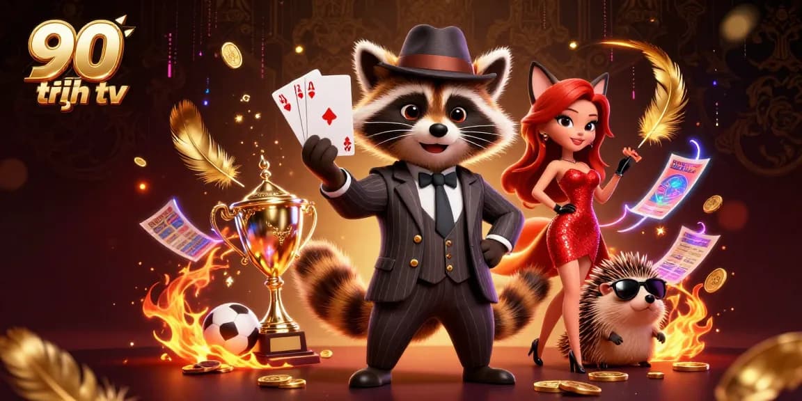 Betting with excitement at 90 phút tv, featuring raccoon and fox in a vibrant sports theme.