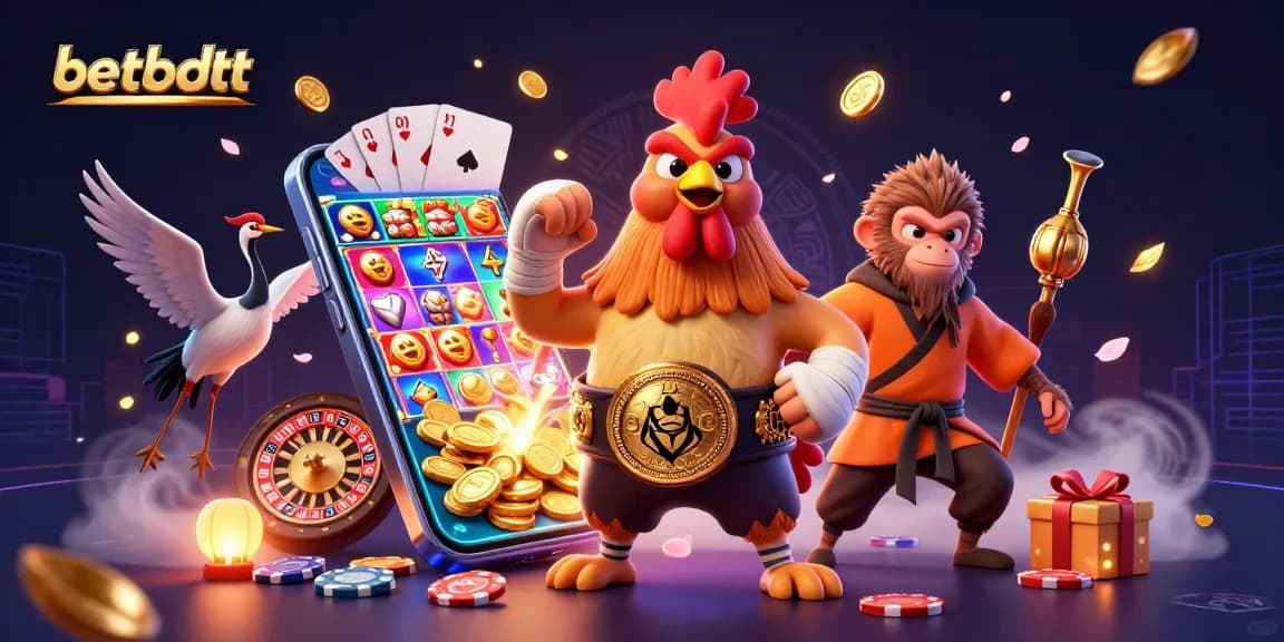 Experience thrilling gameplay with betbdtt as cartoon characters engage with slot games and casino elements.