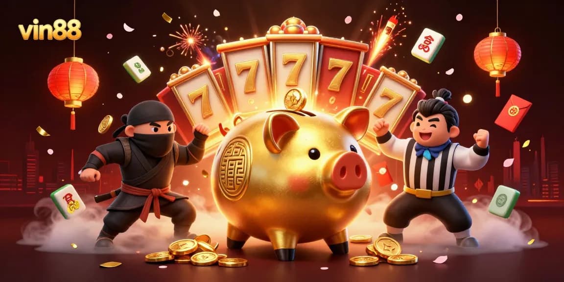 Experience thrilling gaming with vin88's vibrant 3D illustration of a golden piggy bank sumo wrestler, dynamic slot elements, and festive activities.