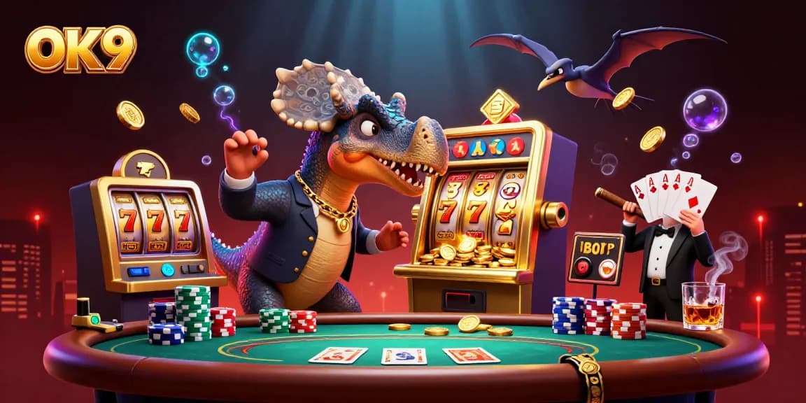 Catch jackpot coins at OK 9 with a dinosaur and pteranodon in a dynamic casino scene.