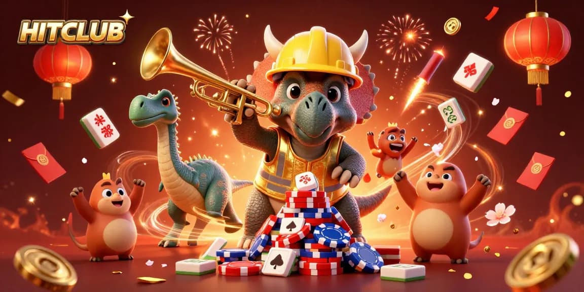 HITCLUB celebrates with a vibrant 3D scene of a triceratops and friends surrounded by festive gambling symbols.