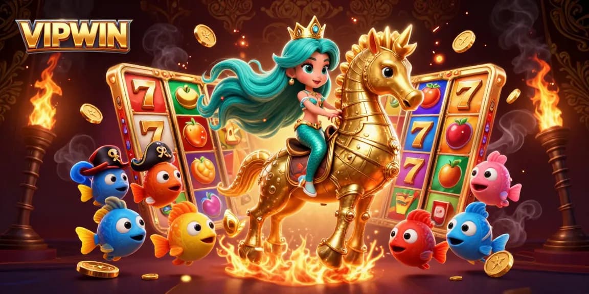 Win big at VIPWIN with a captivating casino adventure featuring a mermaid princess, seahorse, and vibrant slot games.