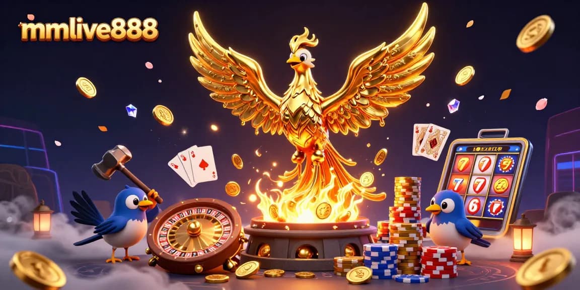 Engage with mmlive888's vibrant 3D casino scene featuring a molten phoenix, golden coins, and spinning roulette.