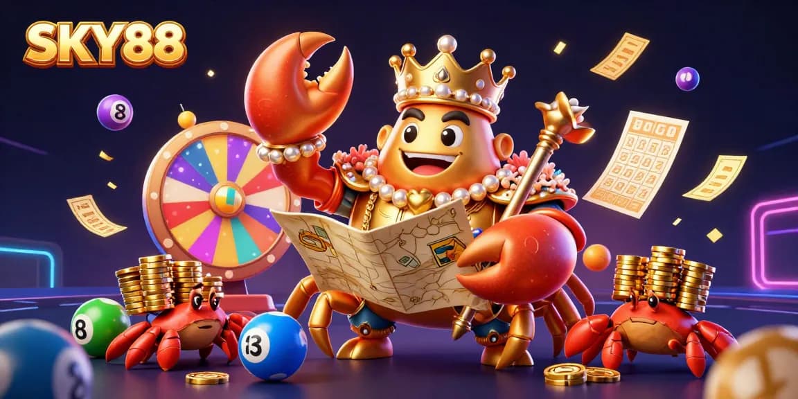 Experience exciting games at SKY88 with a golden crab emperor amidst vibrant lottery elements and casino excitement.