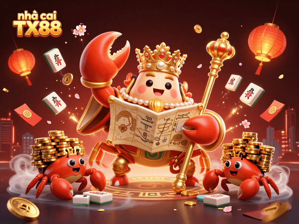 Experience excitement at nhà cái TX88 with a vibrant golden crab emperor and treasures surrounding him.