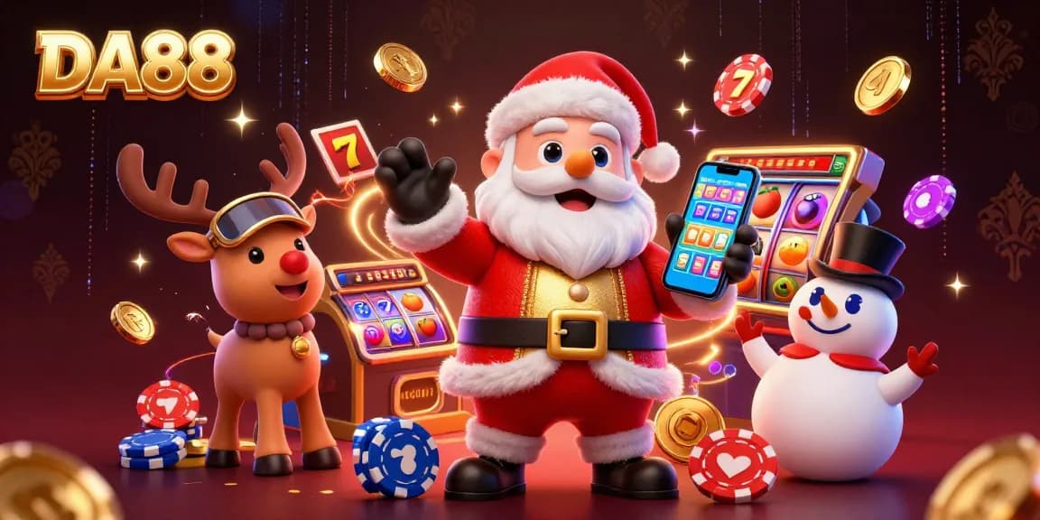 Engage with DA88 jackpots as Santa Claus in a casino themed scene, featuring festive elements.