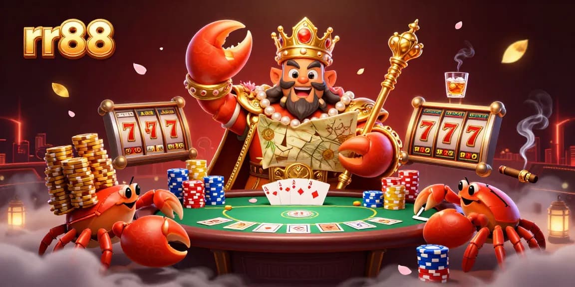 Experience thrilling rr88 games with a golden crab emperor in a lively casino scene.