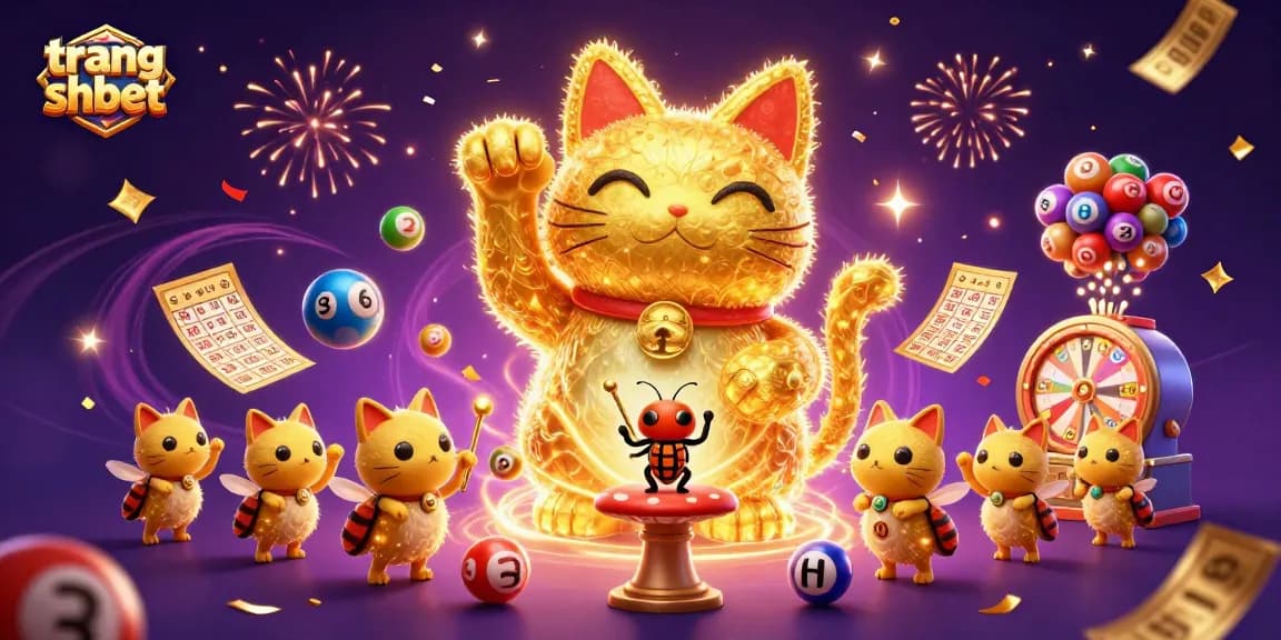 Engage with the vibrant world of trang shbet, featuring a lucky cat and dynamic casino symbols in a festive scene.